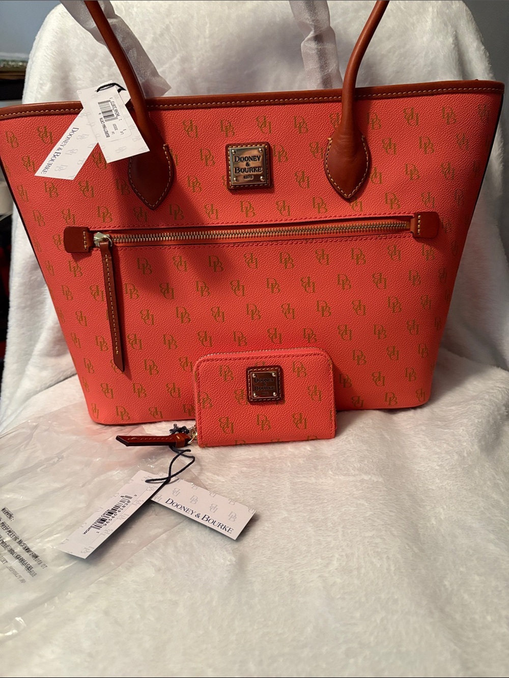 Dooney & Bourke Greta Coral Logo shopper Tote Bag with matching card wallet.